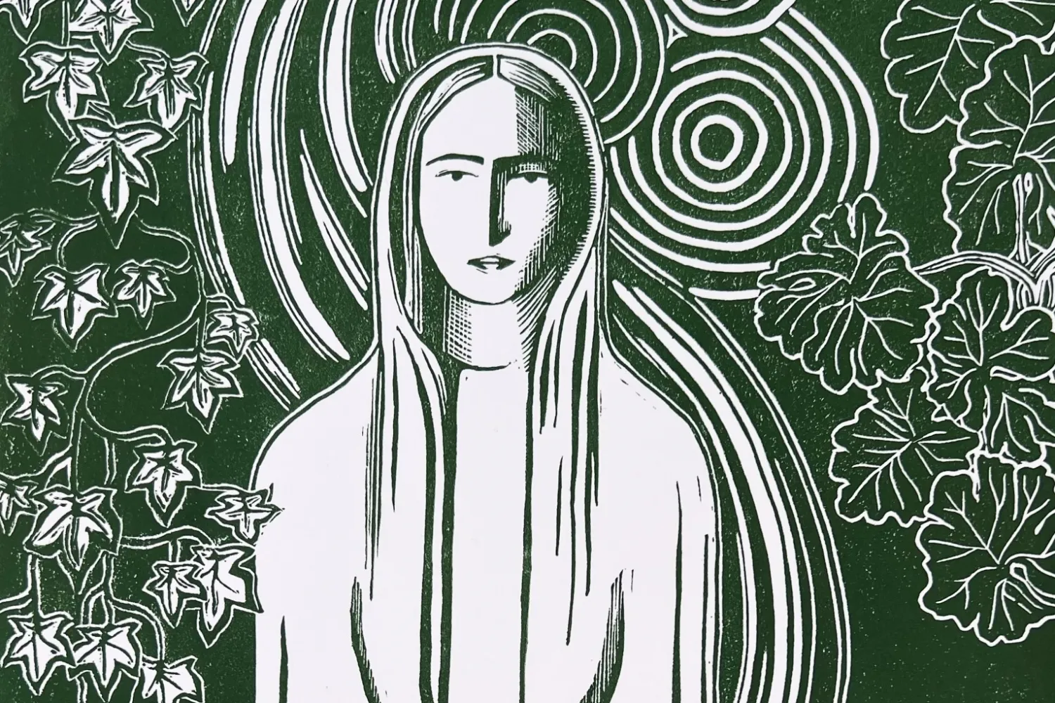 A linocut of St Frideswide by Sally Anne Stewart