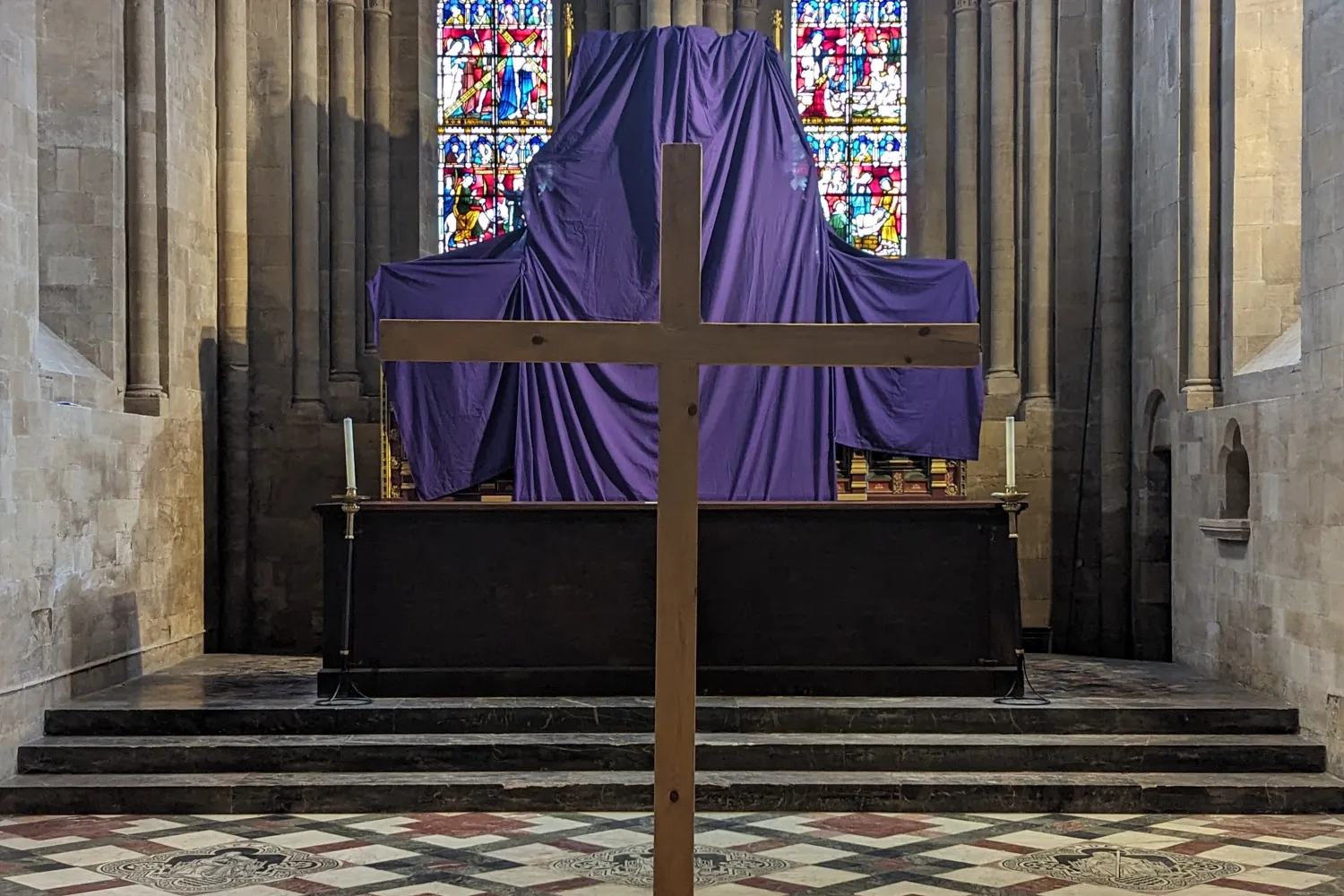 The Cross stands in the sanctuary, following the 2024 Good Friday service.