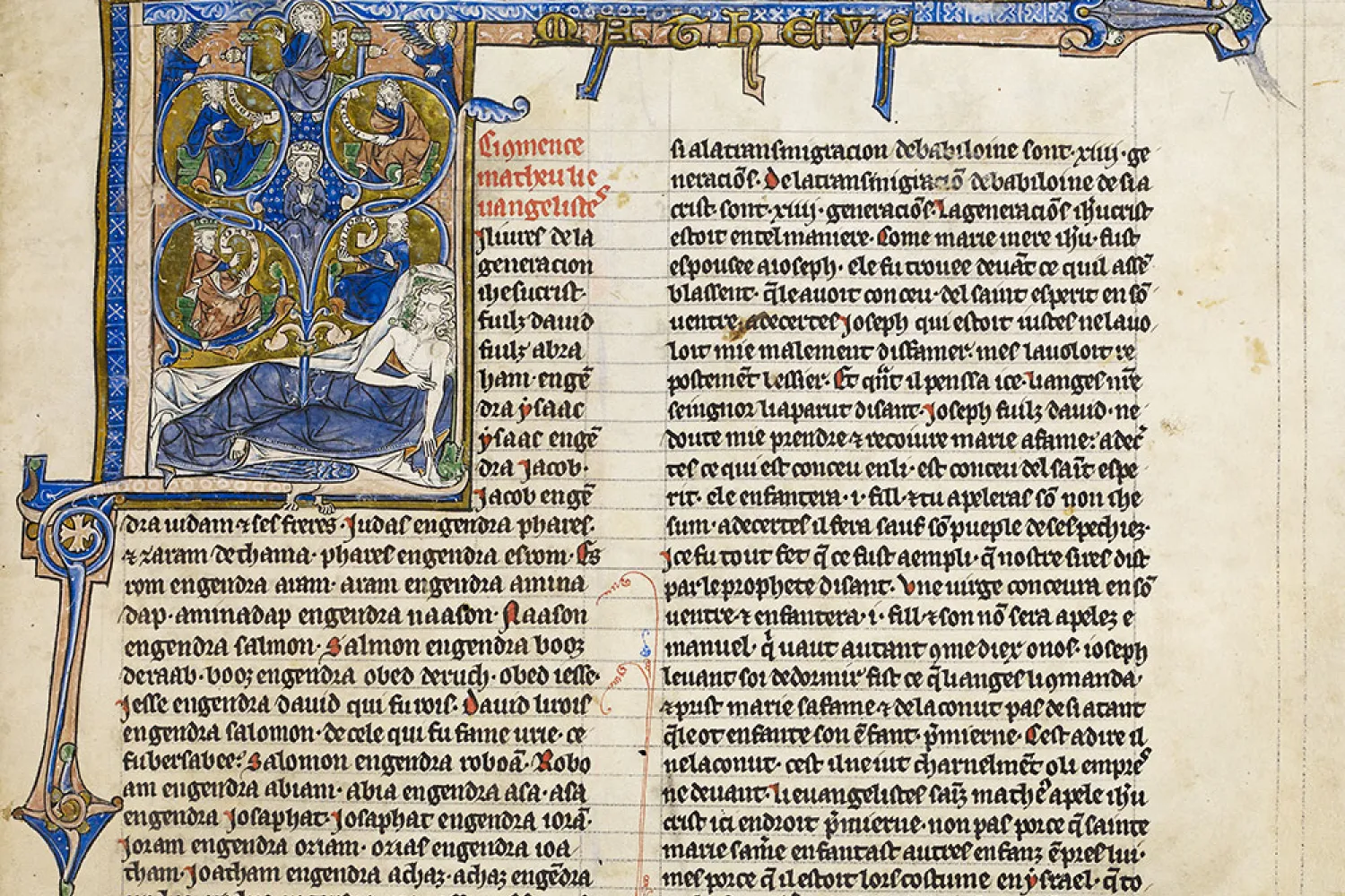 Detail of a Bible page, the opening of the Gospel of Matthew