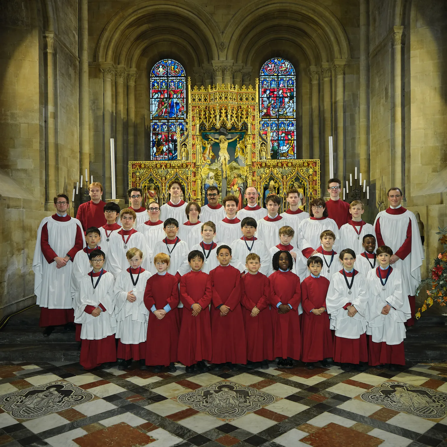 The 2025-26 Cathedral Choir in the East End of teh Cathedral, in robes