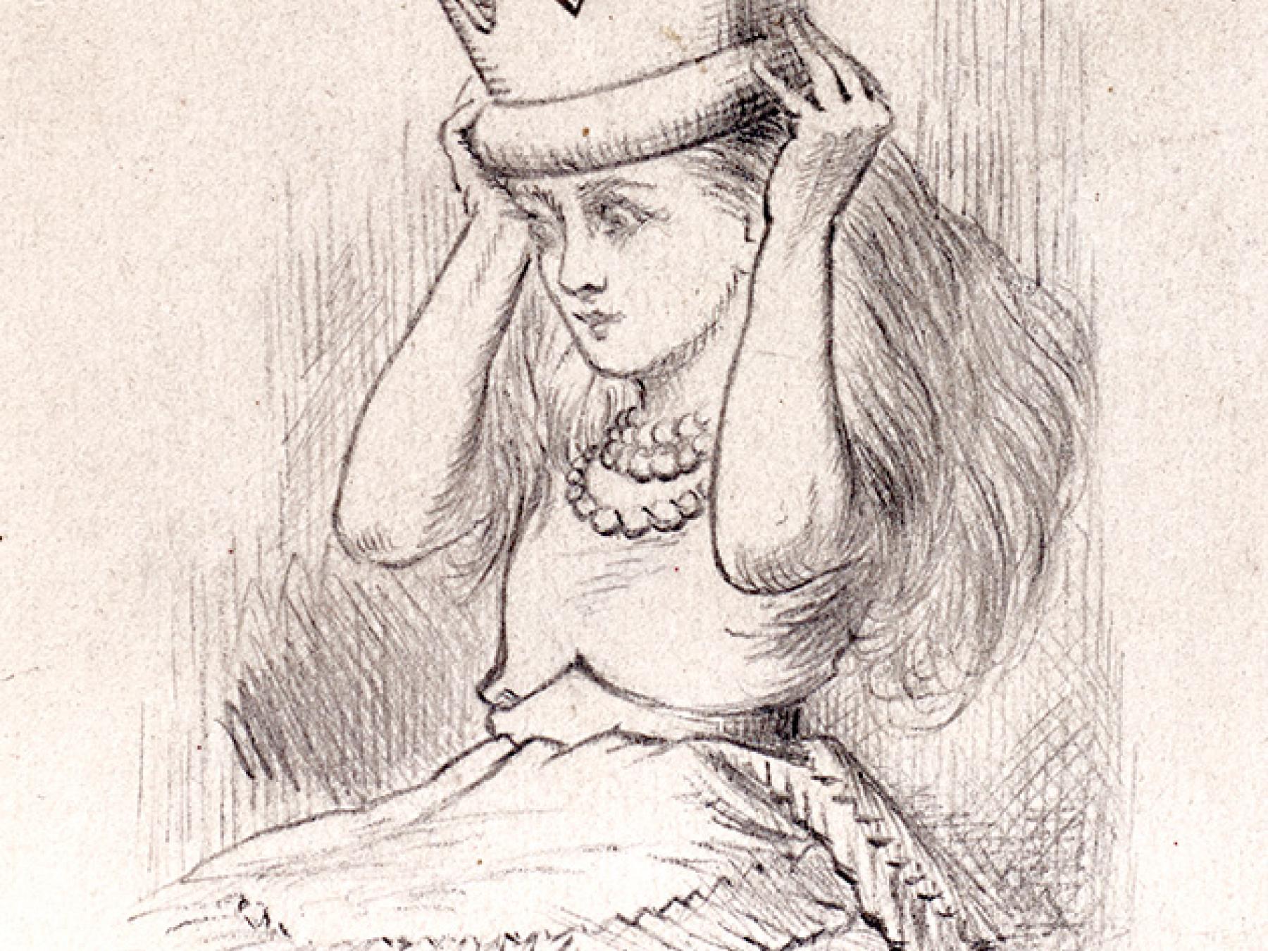 Sketch by John Tenniel, Alice and the Golden Crown, 